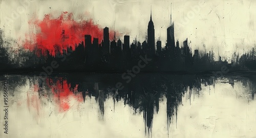 A black and white painting of an abstract city skyline on aged paper