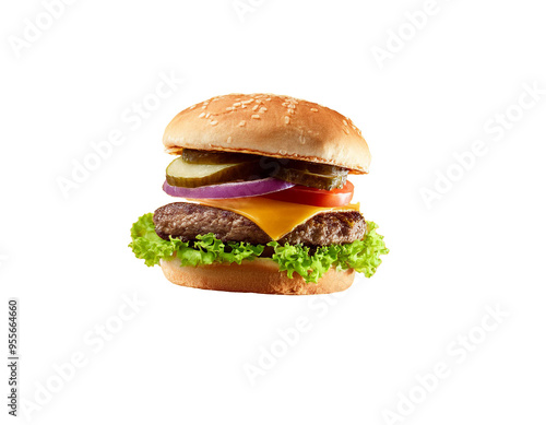 Airborne cheeseburger, isolated on a white background with emphasis on its delicious toppings and toppings. 