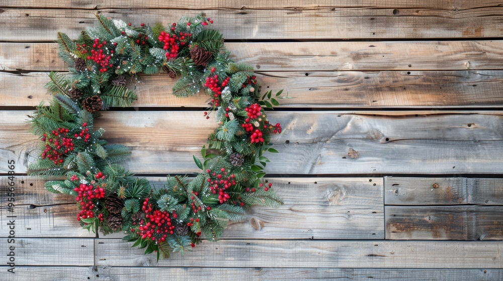 Rustic Christmas Wreath with Red Berries and Pine Cones on Weathered Wooden Background Rustic Christmas Wreath with Red Berries and Pine Cones on Weathered Wooden Background