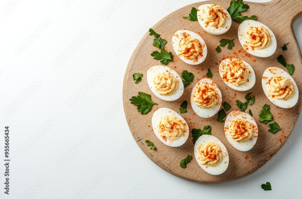 Deviled Eggs with Paprika and Parsley on a Wooden Board Deviled Eggs with Paprika and Parsley on a Wooden Board