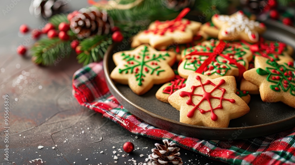 Festive Christmas Cookies with Colorful Icing on a Plate Surrounded by Holiday Decorations and Pine Cones Festive Christmas Cookies with Colorful Icing on a Plate Surrounded by Holiday Decorations and Pine Cones