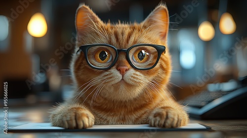 Chat avec lunettes regardant attentivement sur un bureau