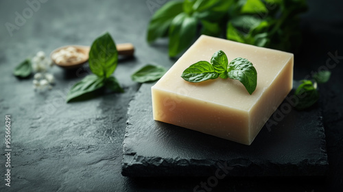 product photography closeup of a light bar of soap skin care product with basil leaves and mint sprig next to it placed on black stone natural background minimalist style soft light  photo