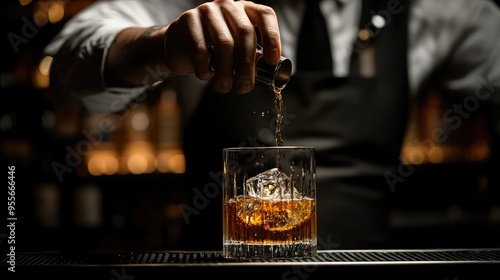 Bartender Pouring Whiskey into a Glass with Ice