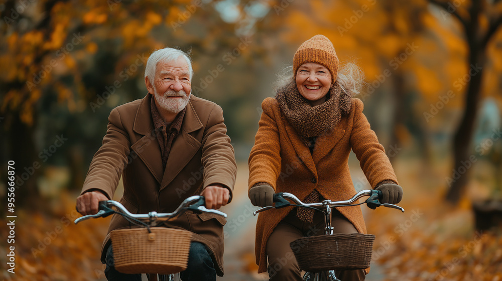 Elderly Couple Riding Bicycles Through a Leafy Autumn Park, Celebrating Active Aging and Love in Later Life Elderly Couple Riding Bicycles Through a Leafy Autumn Park, Celebrating Active Aging and Love in Later Life