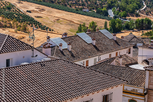 Aerial view of white houses in the ancient town of Ronda, Spain.