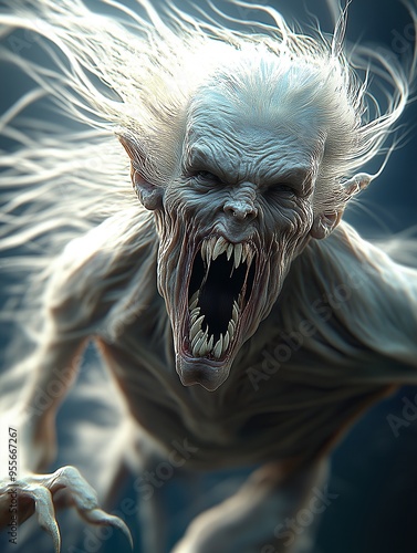 3D rendering of a snarling, pale, long-haired creature with sharp teeth and claws in a dark atmosphere photo