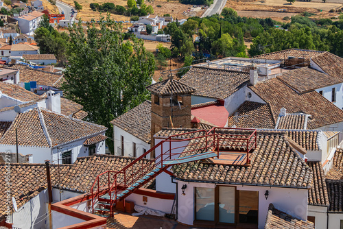 Aerial view of white houses in the ancient town of Ronda, Spain.