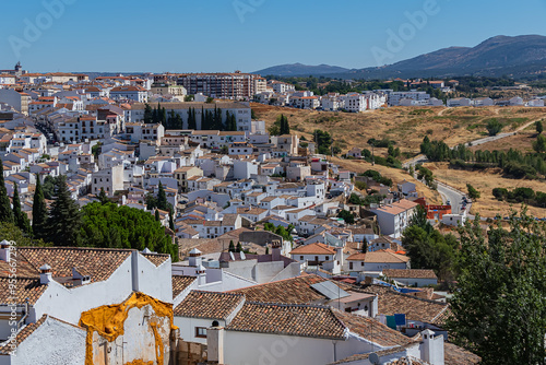 Aerial view of white houses in the ancient town of Ronda, Spain.