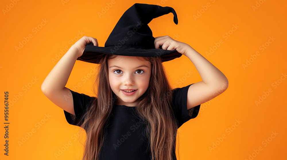 Cute girl with black witch hat on her head wearing in black T-shirt posing on orange background in photo studio. Halloween holiday concept. Cute girl with black witch hat on her head wearing in black T-shirt posing on orange background in photo studio. Halloween holiday concept.