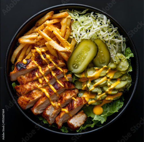 dark shallow bowl with romain lettuce at the bottom, rosted chicken, french fries, shredded cabbage, dill pickle and mustard vinaigrette drizzled on top photo