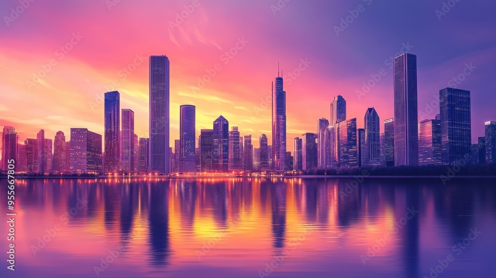 A vibrant digital illustration of a city skyline at dusk, with purple and orange reflections on the water. A vibrant digital illustration of a city skyline at dusk, with purple and orange reflections on the water.
