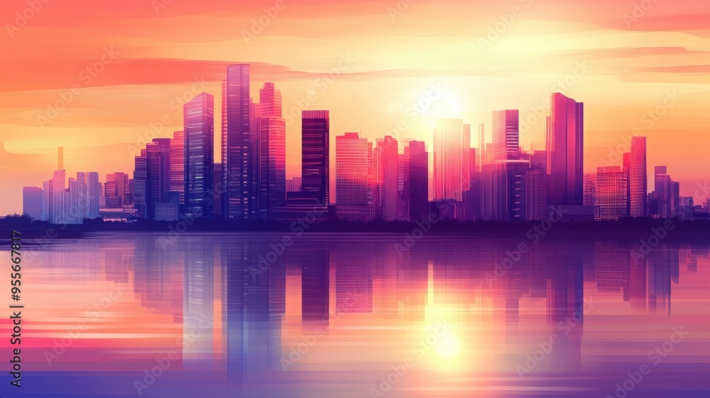 A digital illustration of a city skyline at sunrise, with warm hues of pink, orange, and purple reflecting on the calm water. A digital illustration of a city skyline at sunrise, with warm hues of pink, orange, and purple reflecting on the calm water.