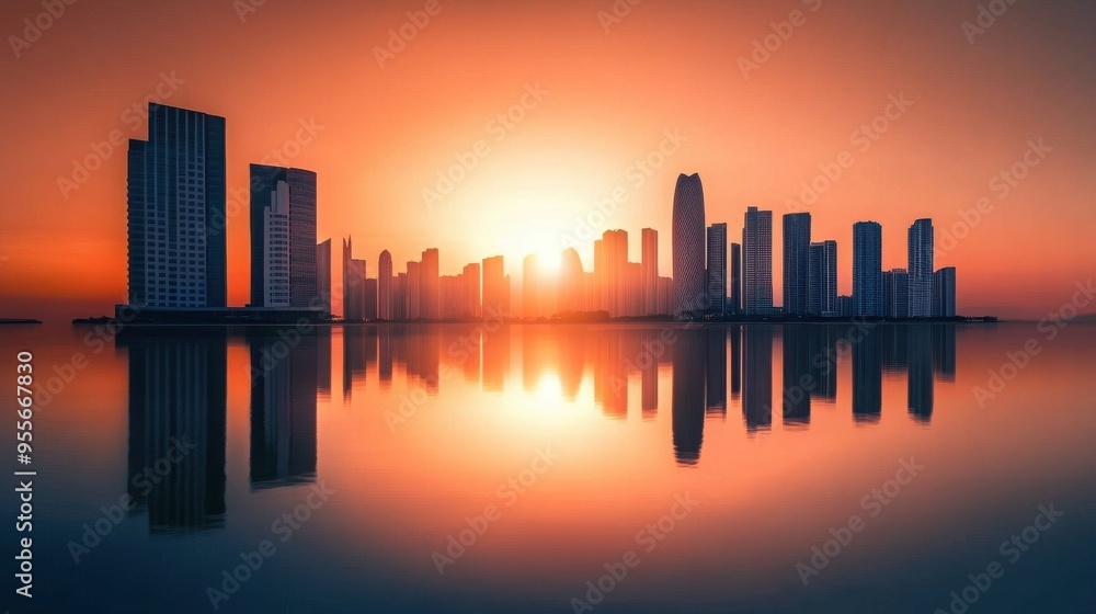 Obraz premium A minimalist city skyline with modern skyscrapers reflected on a tranquil water surface during a vibrant orange sunset.