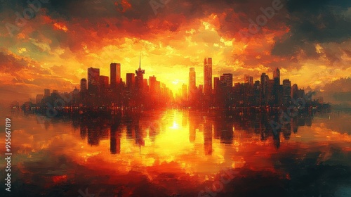 A dramatic abstract interpretation of a city skyline at sunset with fiery reflections on the water.