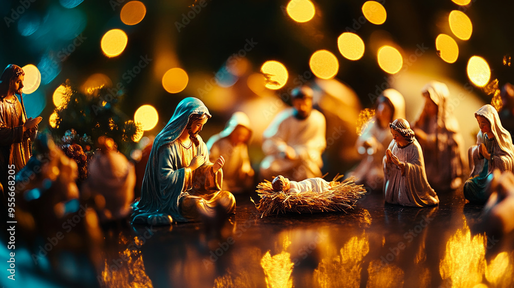 Poster, Foto A serene nativity scene depicting the birth of Jesus with ...