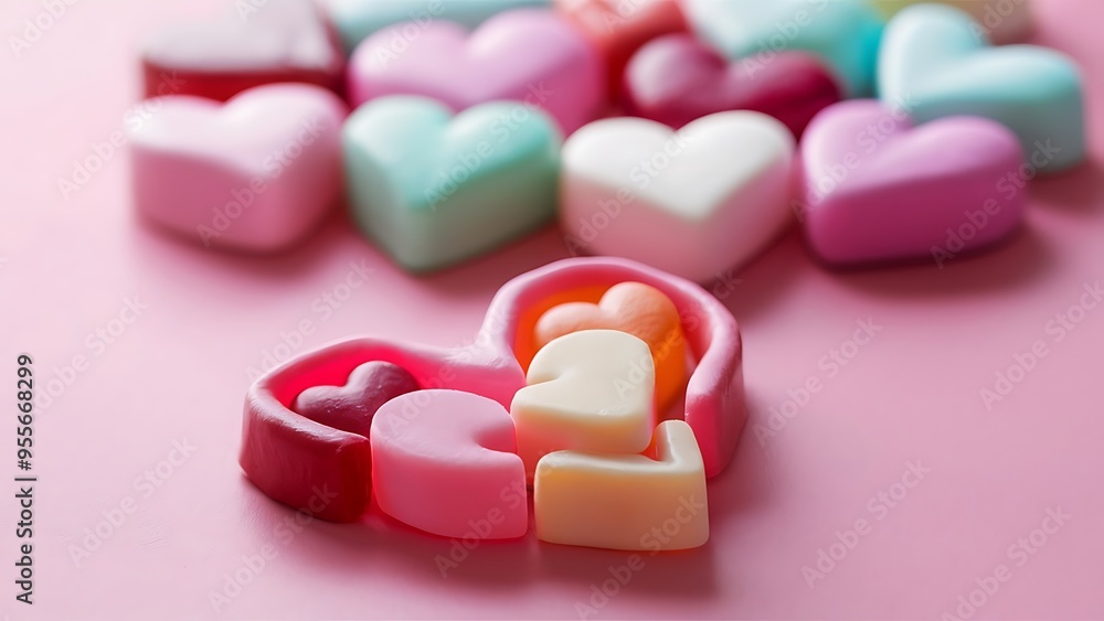 Closeup of shaped heart candies on pink background Closeup of shaped heart candies on pink background