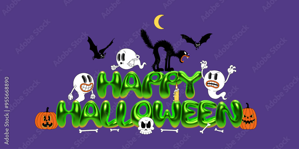 Happy Halloween banner with green font and retro cartoon characters: ghost, bat, black cat, pumpkin, skull, and bones. Vector illustration for holiday posters, flyers, and Halloween-themed designs Happy Halloween banner with green font and retro cartoon characters: ghost, bat, black cat, pumpkin, skull, and bones. Vector illustration for holiday posters, flyers, and Halloween-themed designs