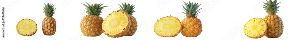 A whole pineapple with a spiky green crown and a slice showing the juicy yellow flesh, set against a white background. A whole pineapple with a spiky green crown and a slice showing the juicy yellow flesh, set against a white background.