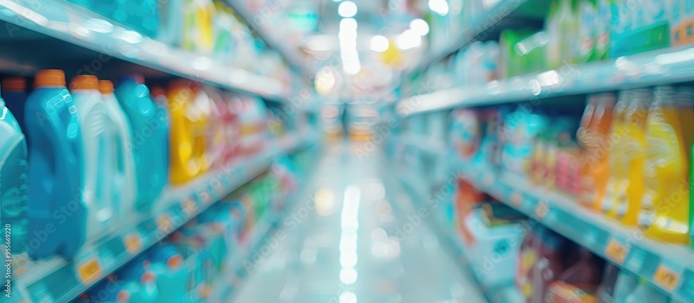 Naklejka premium Blurred Image Of Laundry Bleach Charcoal And Matches Cleaners Dish Care Insecticide Aisle In Store Wide View Supermarket Shelves With Variety Of Products Defocused Blur Background Bokeh Light