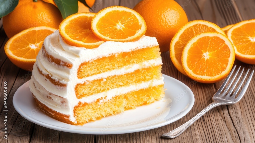 A slice of soft and fluffy orange Jell-O cake is beautifully layered with cream and garnished with sliced oranges, making it an inviting dessert choice A slice of soft and fluffy orange Jell-O cake is beautifully layered with cream and garnished with sliced oranges, making it an inviting dessert choice