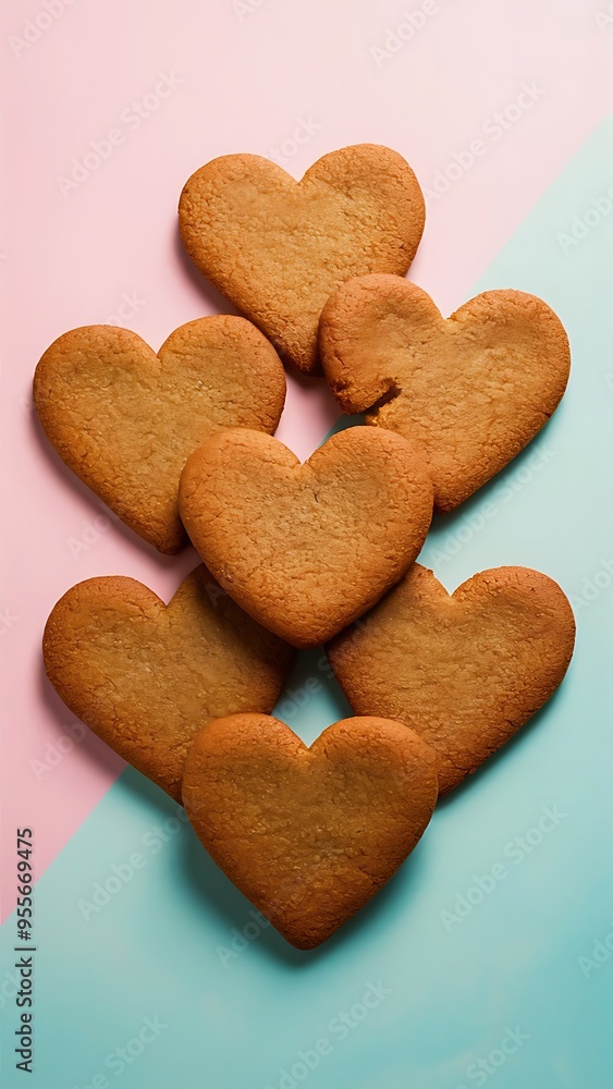 Heart shaped ginger cookies on two tone colored background top view Heart shaped ginger cookies on two tone colored background top view