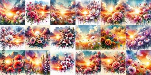 watercolor flowers and sunset drawing style floral background. AI generated illustration