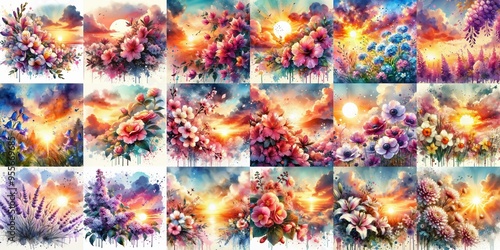 watercolor flowers and sunset drawing style floral background. AI generated illustration