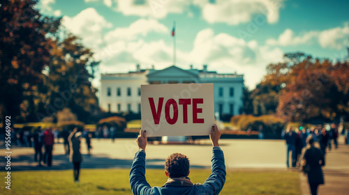 man holds 'vote' sign