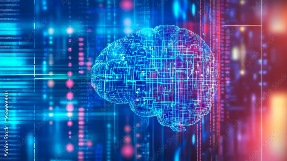 a human brain, with abstract glowing grids inside it a human brain, with abstract glowing grids inside it