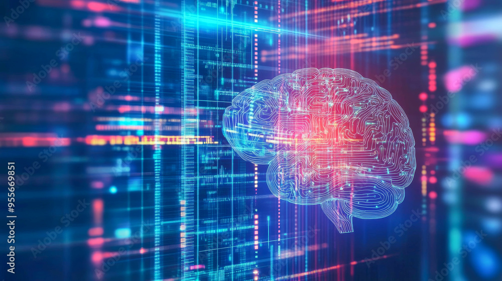 a human brain, with abstract glowing grids inside it a human brain, with abstract glowing grids inside it