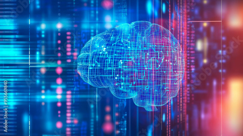 a human brain, with abstract glowing grids inside it