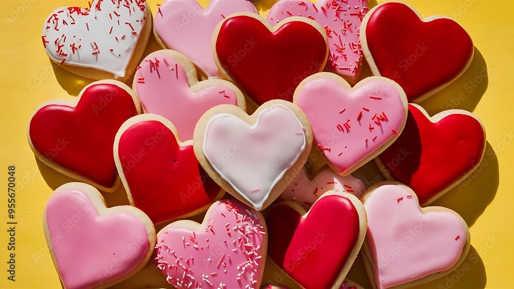 Obraz premium Tasty heart shaped cookies on yellow background