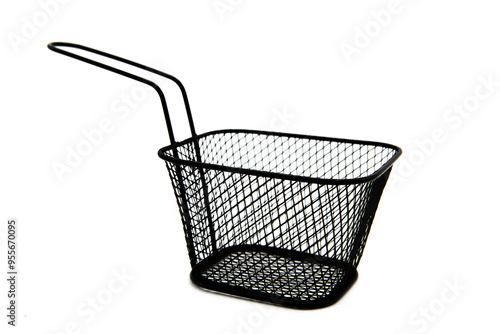 Empty black wire chip or French fries serving deep fryer basket isolated on white background with clipping path and copy space. Small metal wire frying basket.