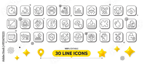 Fingerprint lock, Hydroelectricity and Ab testing line icons pack. 3d design elements. Charge battery, Puzzle, Power info web icon. Square area, Inspect, Qr code pictogram. Vector