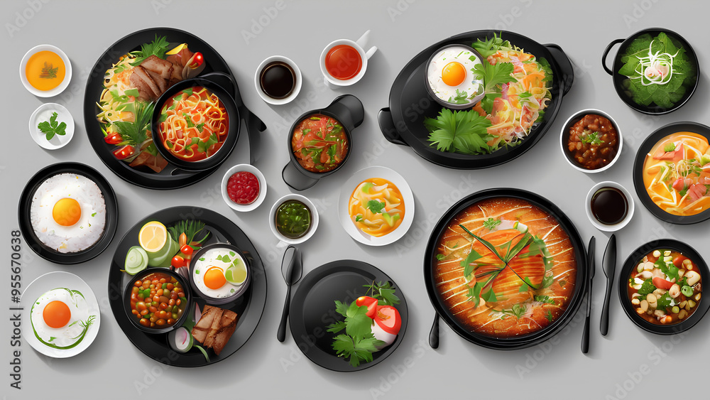 Gourmet Feast - Top View of Delicious Food in Black Dishes Gourmet Feast - Top View of Delicious Food in Black Dishes