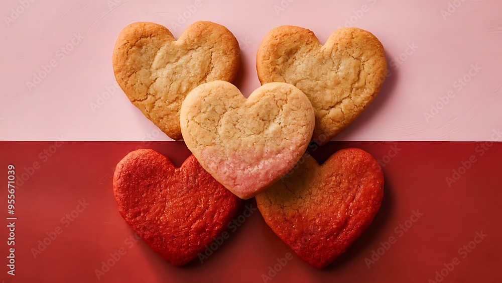 Heart shaped ginger cookies on two tone colored background top view Heart shaped ginger cookies on two tone colored background top view