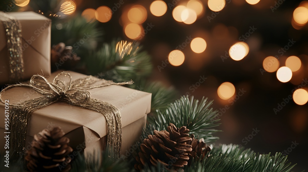 Christmas and New Year background - gift boxes and pine Christmas and New Year background - gift boxes and pine