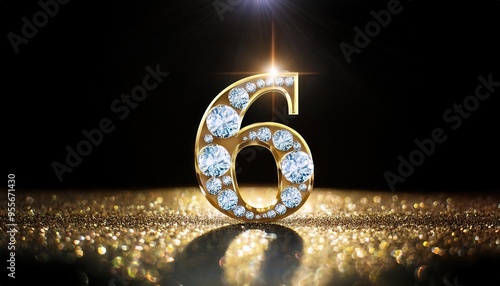 Shiny Golden Number Six with Diamonds