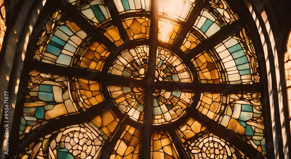 A closeup photo of a restored stained glass window on the facade of a historic church gleaming in the sunlight 4k animation A closeup photo of a restored stained glass window on the facade of a historic church gleaming in the sunlight 4k animation