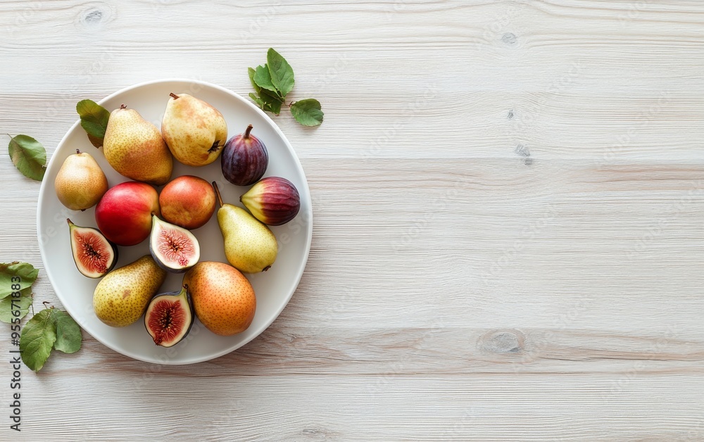 arrangement of a white plate with an assortment of seasonal fruits like pears, figs, and apples, placed on a simple light wooden table arrangement of a white plate with an assortment of seasonal fruits like pears, figs, and apples, placed on a simple light wooden table