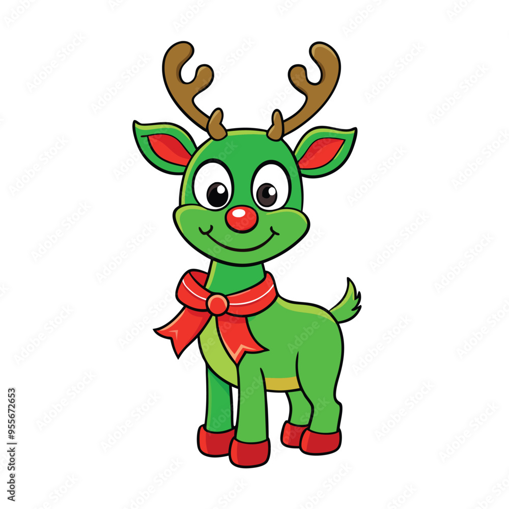 Christmas Green Reindeer with Red Ribbon on White Background, Festive Holiday Illustration Perfect for Christmas Cards, Holiday Decorations, Seasonal Graphics, and Winter-Themed Designs Christmas Green Reindeer with Red Ribbon on White Background, Festive Holiday Illustration Perfect for Christmas Cards, Holiday Decorations, Seasonal Graphics, and Winter-Themed Designs