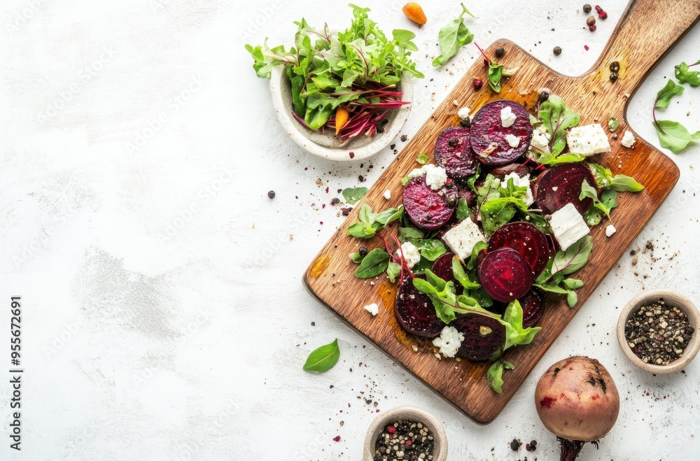 Beetroot and Feta Salad on Wooden Board Beetroot and Feta Salad on Wooden Board