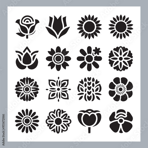 Set of logotype icons flowers Rose, Tulip, Orchid, Sunflower, Lily, Daisy, Daffodil, Jasmine, Lavender, Marigold, Peony, Chrysanthemum, Hibiscus, Poppy, Violet silhouettes in white background