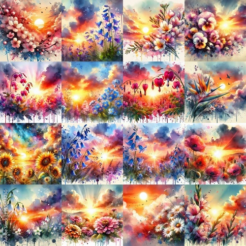 watercolor flowers and sunset drawing style floral background. AI generated illustration