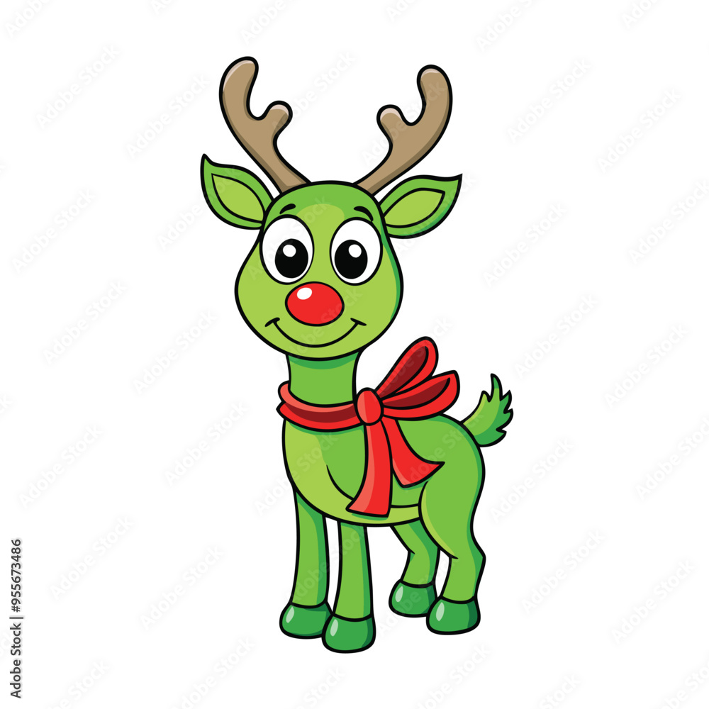 Fototapeta premium Christmas Green Reindeer with Red Ribbon on White Background for Festive Holiday Designs
