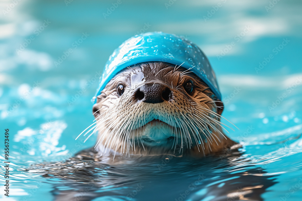 Fototapeta premium Playful Otter in a Swim Cap on a River: Capturing Whimsical Aquatic Moments
