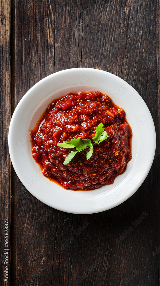 Dark wooden table holds a white bowl filled with vibrant red harissa sauce topped with fresh cilantro Dark wooden table holds a white bowl filled with vibrant red harissa sauce topped with fresh cilantro