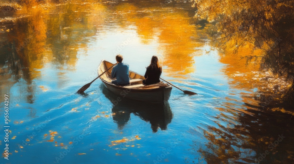 Serene Autumn Rowboat: A couple in a wooden rowboat glides across tranquil azure waters, bathed in the golden hues of fall foliage, creating a picturesque scene of romance and serenity. Serene Autumn Rowboat: A couple in a wooden rowboat glides across tranquil azure waters, bathed in the golden hues of fall foliage, creating a picturesque scene of romance and serenity.