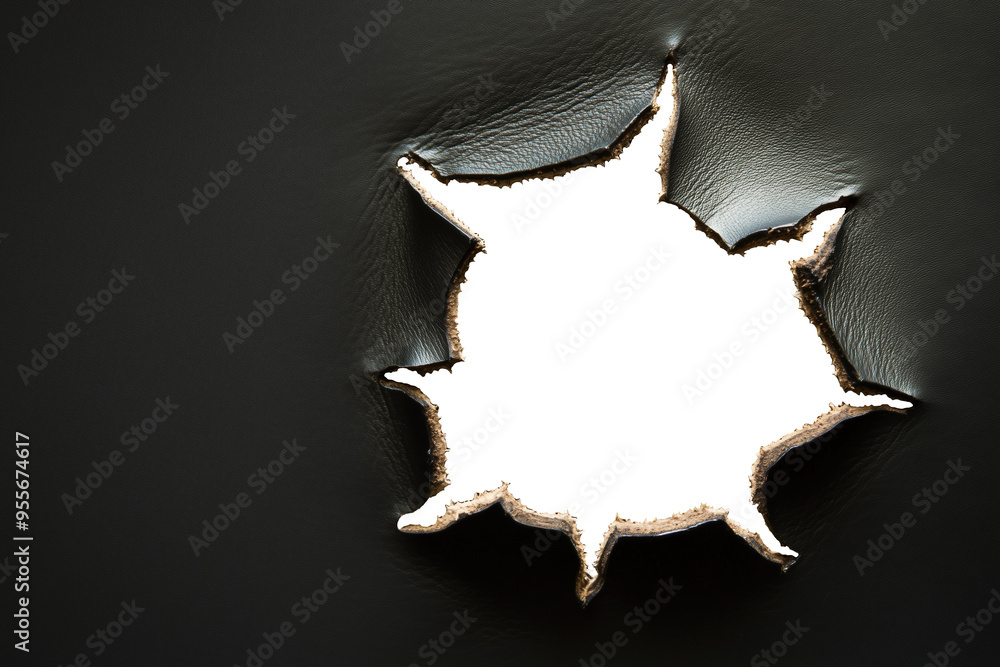 Hole in Leather, Rough-Edged Tear in Leather: Isolated Background. Leather with hole. Hole in Leather, Rough-Edged Tear in Leather: Isolated Background. Leather with hole.